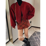 加棉红色棒球服外套夹克，女秋冬季上衣，宽松时尚短款小个子韩版