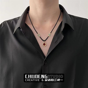 新中式红珠相思豆黑绳项链男潮帅气时尚设计锁骨链项坠饰品
