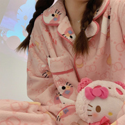 HelloKitty珊瑚绒加绒加厚睡衣女秋冬季可爱法兰绒家居服套装