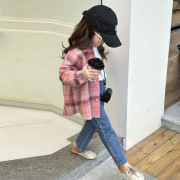 女童韩版格子衬衫外套，2023春秋款中小童，中长款磨毛长袖衬衣潮童装