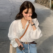 韩国chic秋季温柔气质v领绑带，拼接木耳边设计泡泡袖宽松纯色衬衫