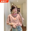 博拉拉韩系夏季甜美减龄时尚卡通小印花圆领粉色条纹短袖T恤