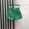 绿色高腰双排扣牛仔短裤，女2024夏天时尚，宽松休闲a字阔腿热裤