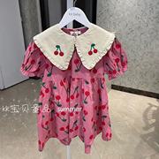 90-150中大童23夏女童韩版洋气时尚印花中长款娃娃领短袖连衣裙