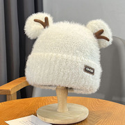 可爱鹿角毛绒帽(毛绒帽)子女款秋冬季加厚保暖护耳，毛线帽日系显脸小针织帽