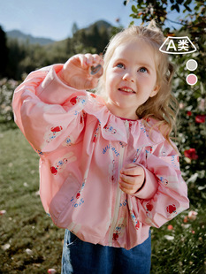 女童满印荷叶领外套童贝童装，2024春季儿童可爱韩版宽松上衣