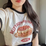 我爱草莓蛋糕 奶油系配色~ 复古包边印花短袖T恤 可爱宽松字母TEE