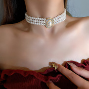 多层珍珠镶钻项链项圈锁骨链设计感网红水钻短款项链项圈韩国气质
