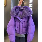 美拉德紫色短款毛领棉服，女冬季小个子，加厚保暖宽松面包服棉衣外套