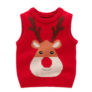 儿童圣诞节日服装男童女童驯鹿红色无袖毛衣马甲坎肩纯棉线背心