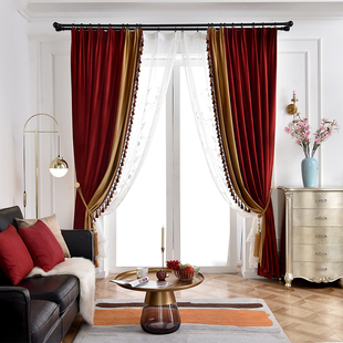 复古丝绒布酒红色窗帘，遮光拼接式美式客厅，卧室婚房落地飘窗帘定制