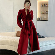 酒红色双面羊绒大衣女，长款羊毛外套，赫本风气质修身秋冬轻奢高端