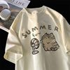 重磅纯棉卡通小猫印花短袖t恤男女宽松夏季ins休闲洋气半袖打底衫