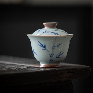 夏禾茶具古青仿古手绘茶碗手绘青花竹子陶瓷盖碗家用高足泡茶盖碗