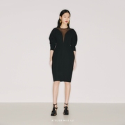 AtelierMissLu设计师品牌黑色拼薄纱修身长袖连衣裙