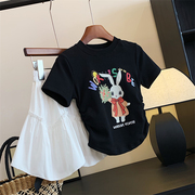 品牌夏女童装抽绳设计感甜酷风卡通印花短袖T恤小众上衣正肩短款