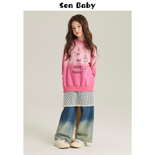 Senbaby女童春装卫衣2024韩版童装上衣中大童粉色印花宽松外套