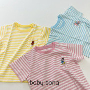 日单90-130男女童夏季宝宝纯棉条纹卡通刺绣圆领短袖T恤
