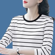 纯棉长袖t恤女2024秋季新款时尚条纹打底衫中年妈妈宽松减龄上衣