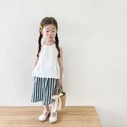 女童白色背心条纹裙套装夏季2023韩版洋气女孩棉质小清新长裙