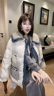 欧货冬季高端气质棉服时尚韩版娃娃，领设计感加厚拼接牛仔外套