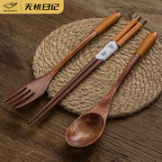 筷子勺子套装便携式学生木质，餐具三件套单人，实木叉子长柄汤勺家用