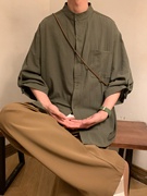 军绿色短袖衬衫男夏季日系时尚cityboy纯棉，七分袖衬衣宽松薄外套