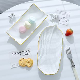 欧式金边餐具创意陶瓷，餐盘长方形摆盘甜品，碟子寿司鸡翅盘蛋糕盘子