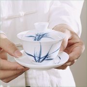 手绘三才盖碗大号高档羊脂玉，白瓷单个青花瓷泡茶碗，杯功夫中式茶具
