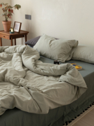 北欧极简水洗棉色织四件套，床品简约日式床单，被套床笠式床上用品
