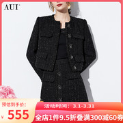 AUI黑色设计感小众小香风套装女冬2024气质外套半身裙两件套