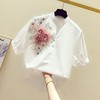 新中式复古钉珠刺绣立体花朵V领短袖衬衫女2024夏季休闲衬衣