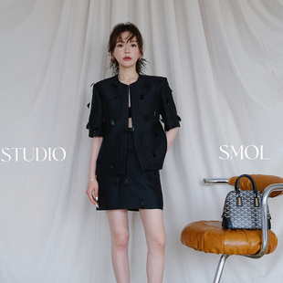 SMOL STUDIO 小众设计感黑天鹅羽毛套装外套半裙时尚夏季两件套