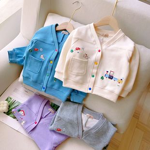 男童女童卫衣开衫针织卡通刺绣口袋，外套紫色蓝色，灰色米色1岁2岁3