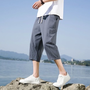 美式高街七分裤男新中式居家亚麻，休闲裤夏日系灰色，冰丝速干六分裤