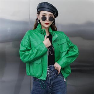 皮衣女短款2023年秋季绵羊皮，韩版果绿色长袖，上衣真皮立领外套