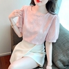 粉色泡泡袖雪纺上衣女2022夏圆领韩版别致设计感小众短袖白衬衫潮
