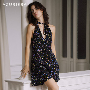 azuriera法式繁星点点印花真丝吊带，连衣裙挂脖露背设计优雅性感