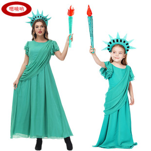 雅典娜自由女神演出服古希腊，女童礼服青绿色罗马长袍，万圣节亲子装