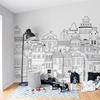 手绘欧式建筑儿童房壁纸，简约黑白构图背景墙，壁纸男女孩卧室壁画