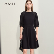 Amii撞料拼接中袖连衣裙夏季2024圆领收腰短款裙子罗马布短裙