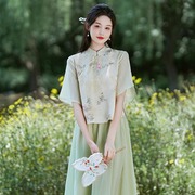 新中式文艺复古斜襟盘扣立领，汉服茶服上衣半身裙，中国风套装两件套