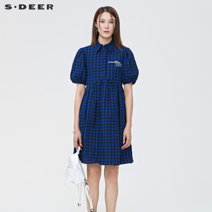 sdeer圣迪奥夏装短裙小众字母蓝色格纹拼接衬衫连衣裙女S22281224