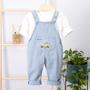 婴儿背带裤男童工装裤子，1-2岁女宝宝长裤春秋蓝色，纯棉外穿可开裆