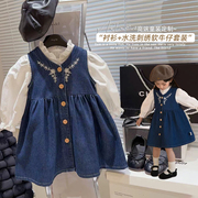 韩国童装2024春季女童洋气绣花牛仔裙木耳领休闲衬衫两件套潮