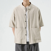 复古风棉麻男装中年短袖衬衫，男士亚麻衬衣中式唐装立领中国风上衣