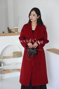 韩国 长款羊毛大衣536大红色无扣系腰绳时尚气质女装羊毛大衣
