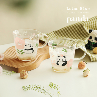 蓝莲花熊猫花花高硼硅玻璃马克杯小众家用喝水杯可爱带把手设计感