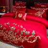 中式婚礼床上四件套百子图刺绣红色结婚被套床单婚房床品八件套