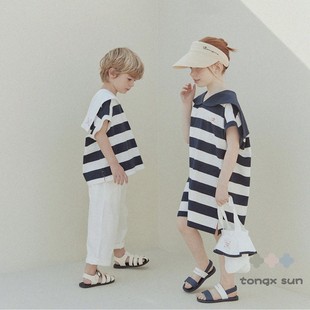 韩国海军风儿童夏季舒适薄款纯棉条纹翻领宽松t恤连衣裙